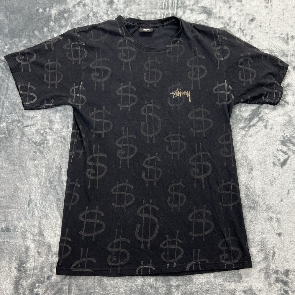 Vintage Stussy Dollar Money Sign All Over Graphic Print Men's Med T-Shirt Black‎